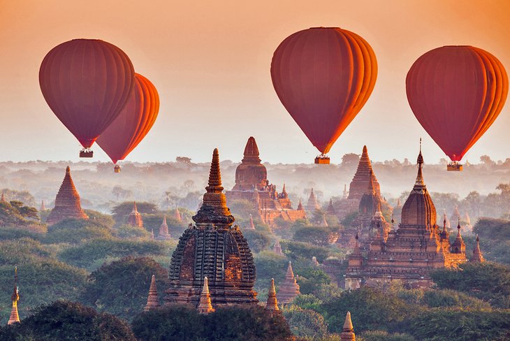 Hot air balloons over the temples in Bagan, Myanmar