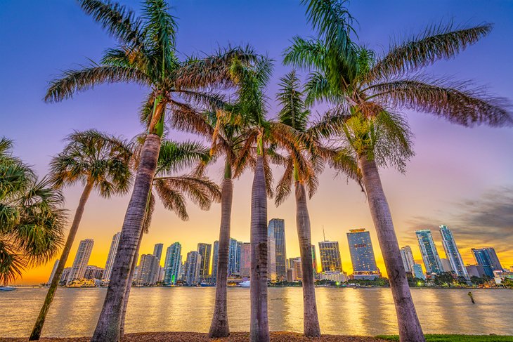 View across Biscayne Bay to Miami at dusk