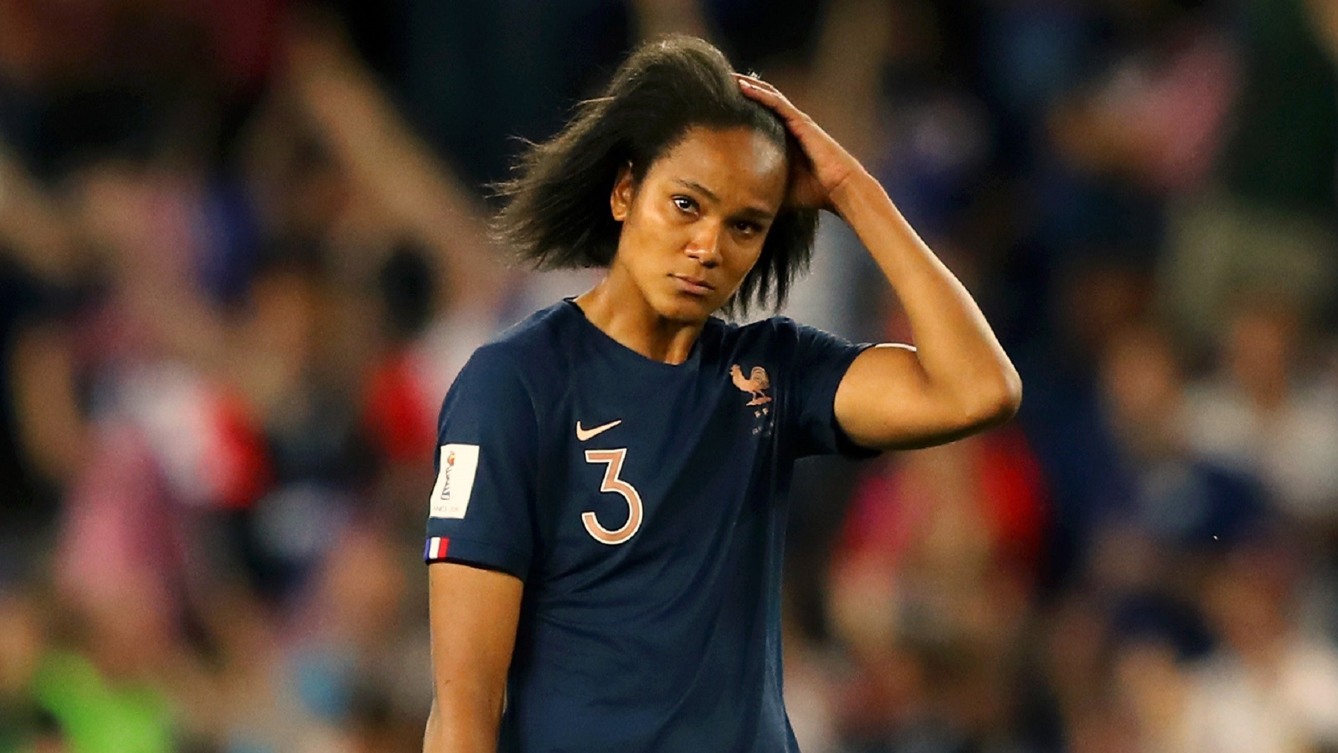 PARIS, FRANCE - JUNE 28: Wendie Renard of France looks dejected following the 2019 FIFA Women's World Cup France Quarter Final match between France and USA at Parc des Princes on June 28, 2019 in Paris, France. (Photo by Richard Heathcote/Getty Images)