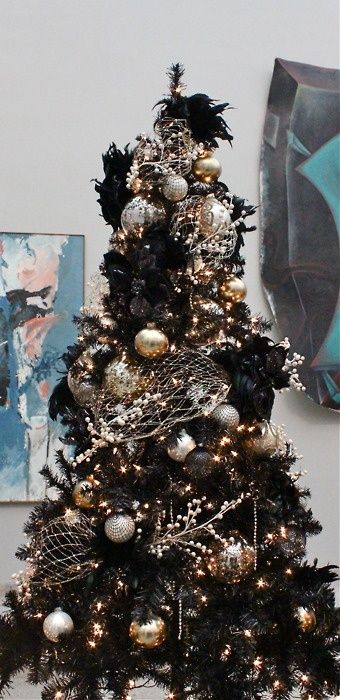 Artificial Black Christmas Tree With Gold And Silver Ornaments -Black Christmas Tree Ideas