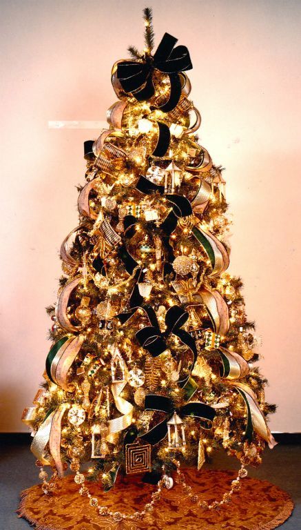 Golden Christmas Tree With Black Ribbons -Black Christmas Tree Ideas