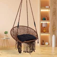 Curio Centre Make in India C-Shape Premium Swing with Polyester Ropes & Mild Steel Frame for Adults & Kids/Indoor Outdoor Hanging Swing Chair with Cushion & Accessories -